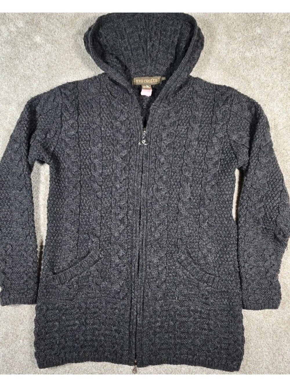 Inis Crafts 100% Merino Wool Cardigan Irish Aran Cable Knit Hooded Zip Pockets S